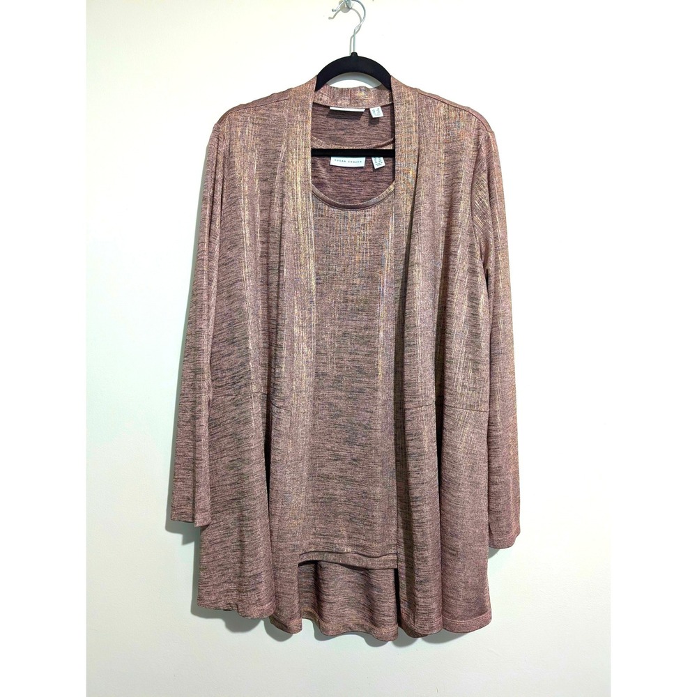 Susan Graver Liquid Knit 2Pc Cardigan Tank Set Women 1X Metallic Taupe Bronze